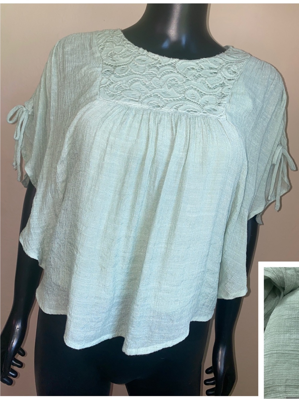 Amy Wear Light Mint Lace Yoke Flutter Sleeve Top